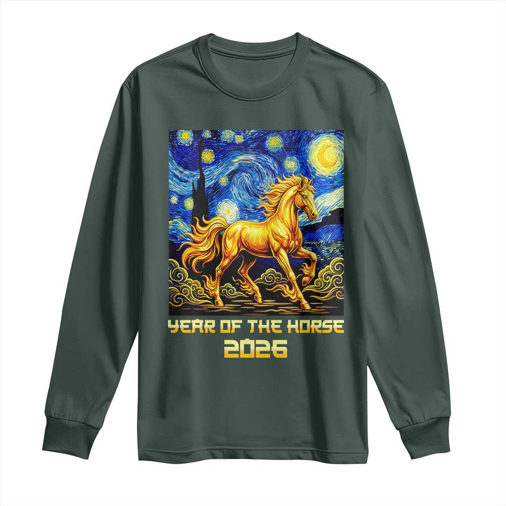 Year of the Horse Starry Night Inspired Graphic Long Sleeve Shirt Golden Horse Chinese Zodiac Art TS02 Dark Forest Green Print Your Wear