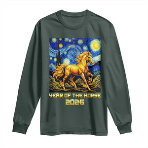 Year of the Horse Starry Night Inspired Graphic Long Sleeve Shirt Golden Horse Chinese Zodiac Art TS02 Dark Forest Green Print Your Wear