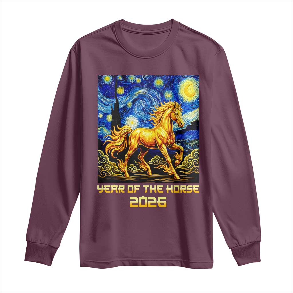 Year of the Horse Starry Night Inspired Graphic Long Sleeve Shirt Golden Horse Chinese Zodiac Art TS02 Maroon Print Your Wear