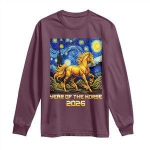 Year of the Horse Starry Night Inspired Graphic Long Sleeve Shirt Golden Horse Chinese Zodiac Art TS02 Maroon Print Your Wear