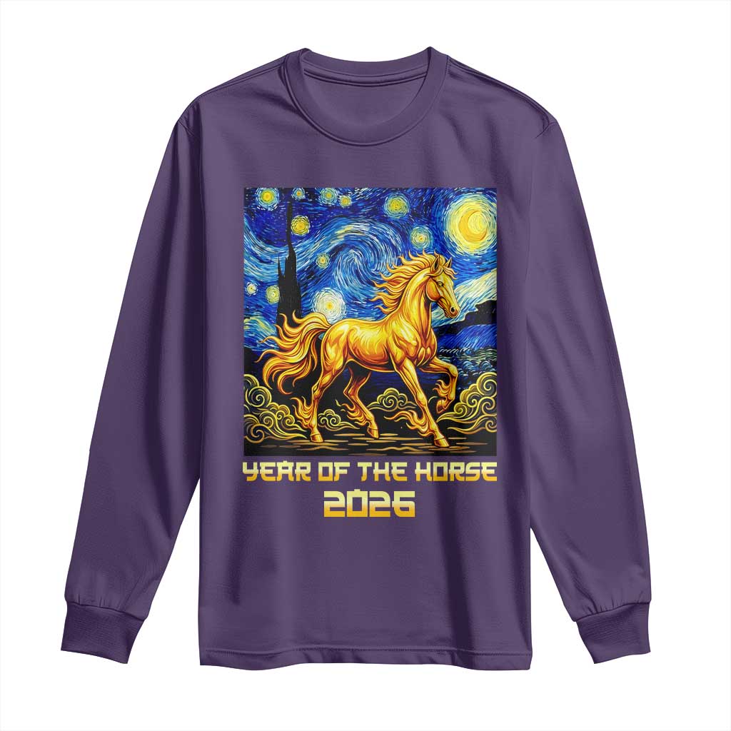 Year of the Horse Starry Night Inspired Graphic Long Sleeve Shirt Golden Horse Chinese Zodiac Art TS02 Purple Print Your Wear