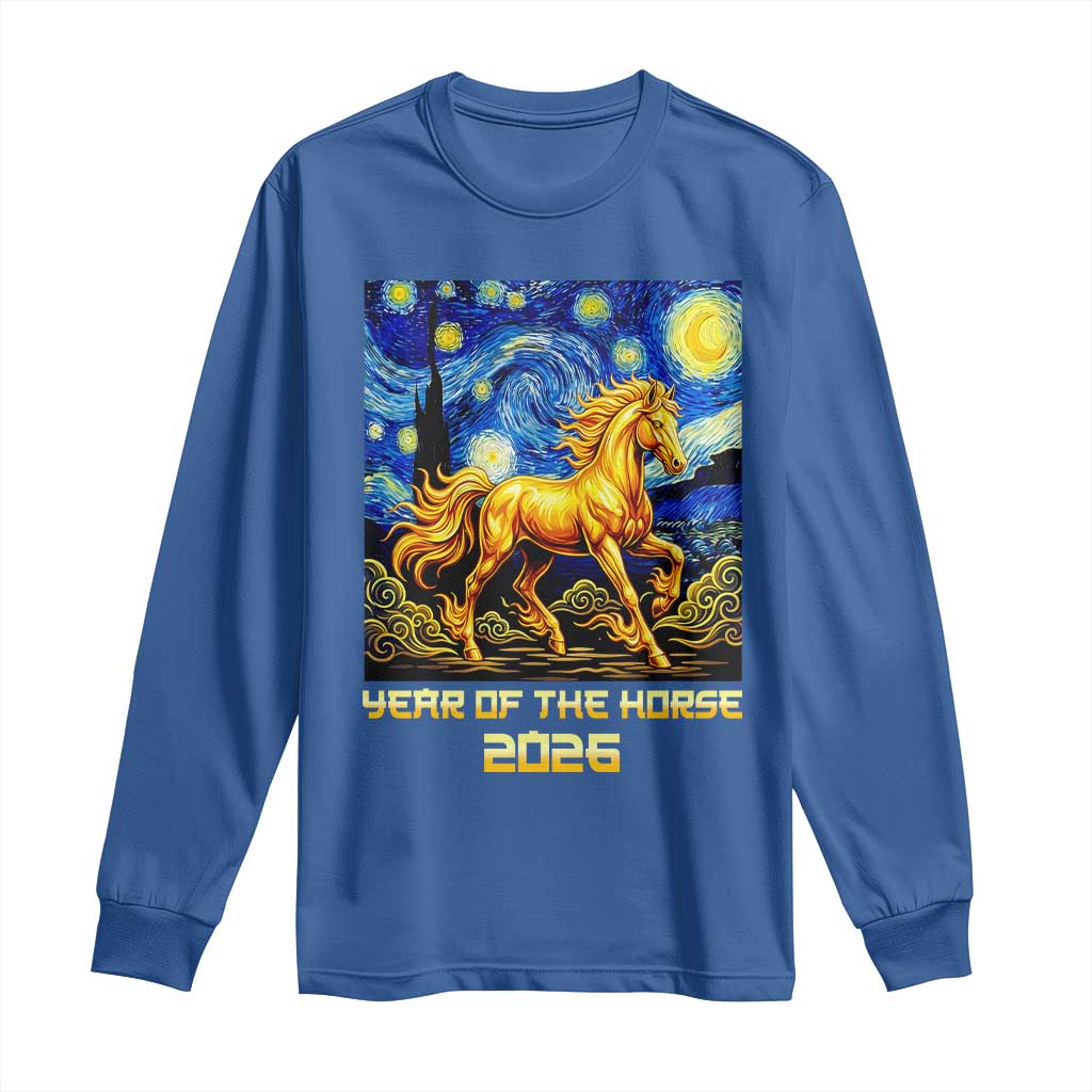 Year of the Horse Starry Night Inspired Graphic Long Sleeve Shirt Golden Horse Chinese Zodiac Art TS02 Royal Blue Print Your Wear