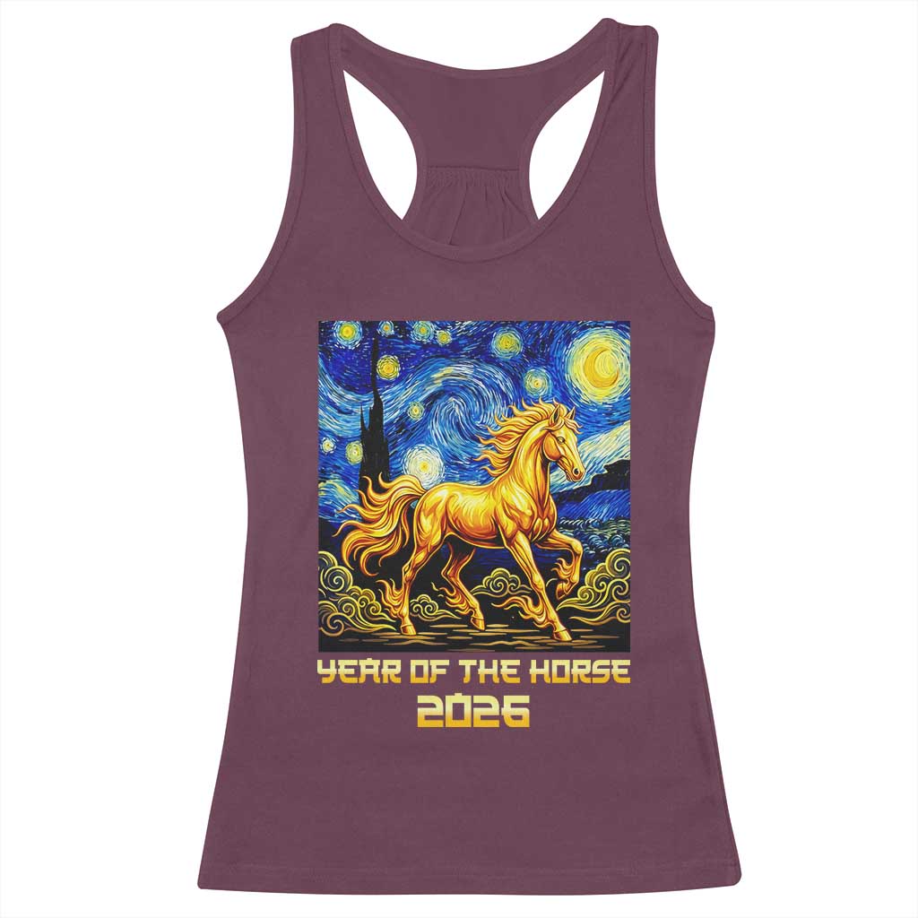 Year of the Horse Starry Night Inspired Graphic Racerback Tank Top Golden Horse Chinese Zodiac Art TS02 Maroon Print Your Wear