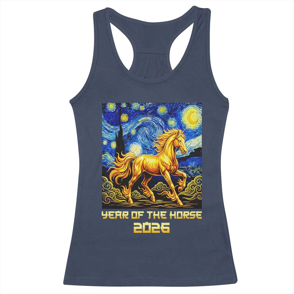 Year of the Horse Starry Night Inspired Graphic Racerback Tank Top Golden Horse Chinese Zodiac Art TS02 Navy Print Your Wear