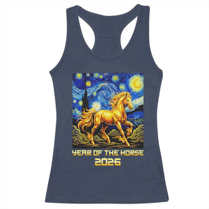 Year of the Horse Starry Night Inspired Graphic Racerback Tank Top Golden Horse Chinese Zodiac Art TS02 Navy Print Your Wear