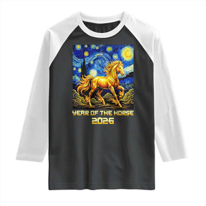 Year of the Horse Starry Night Inspired Graphic Raglan Shirt Golden Horse Chinese Zodiac Art TS02 Black White Print Your Wear