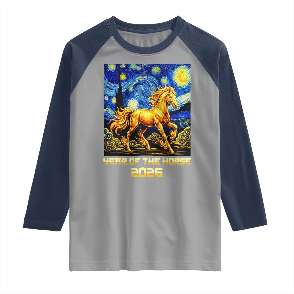 Year of the Horse Starry Night Inspired Graphic Raglan Shirt Golden Horse Chinese Zodiac Art TS02 Sport Gray Navy Print Your Wear