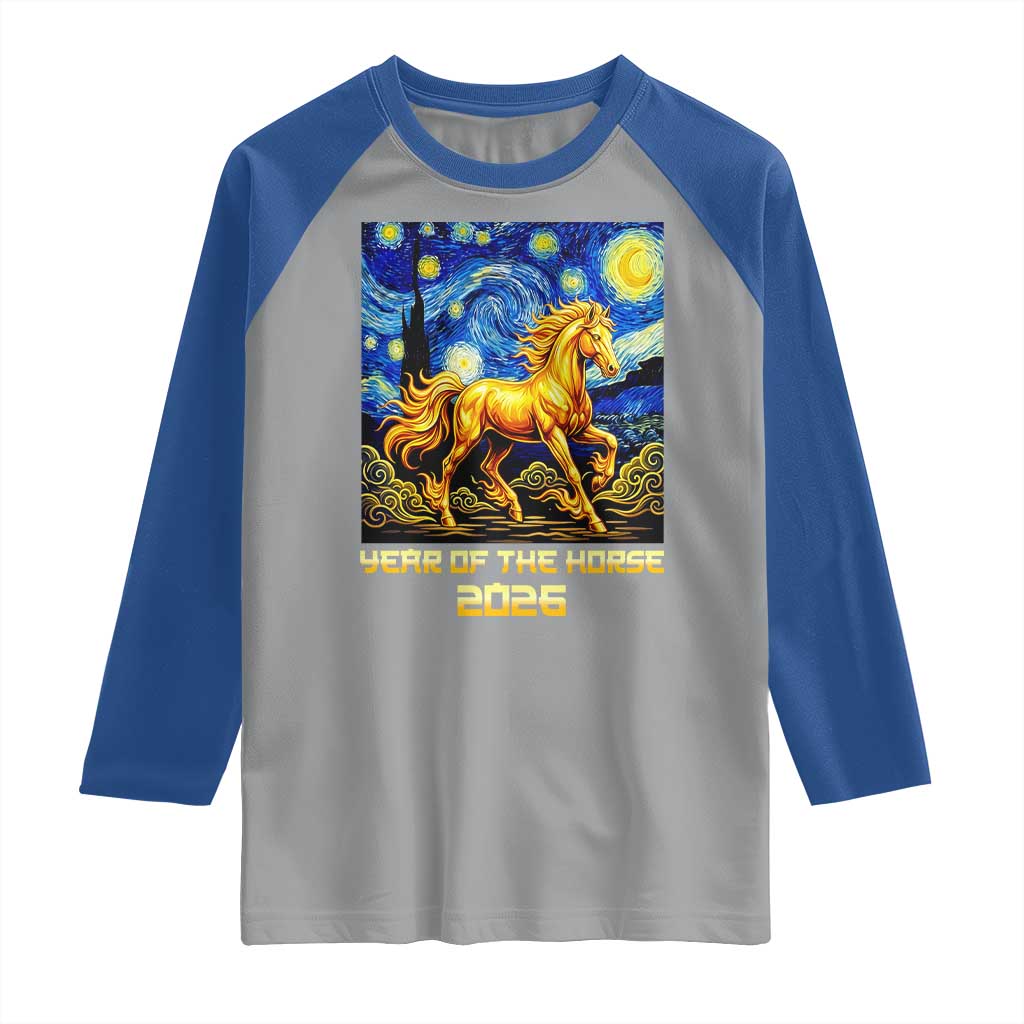 Year of the Horse Starry Night Inspired Graphic Raglan Shirt Golden Horse Chinese Zodiac Art TS02 Sport Gray Royal Print Your Wear