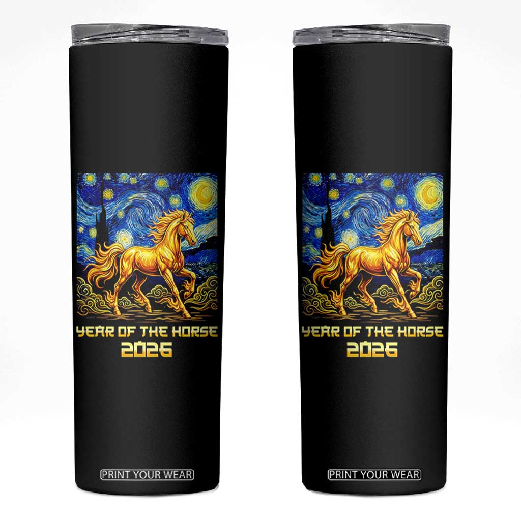 Year of the Horse Starry Night Inspired Graphic Skinny Tumbler Golden Horse Chinese Zodiac Art TS02 Black Print Your Wear