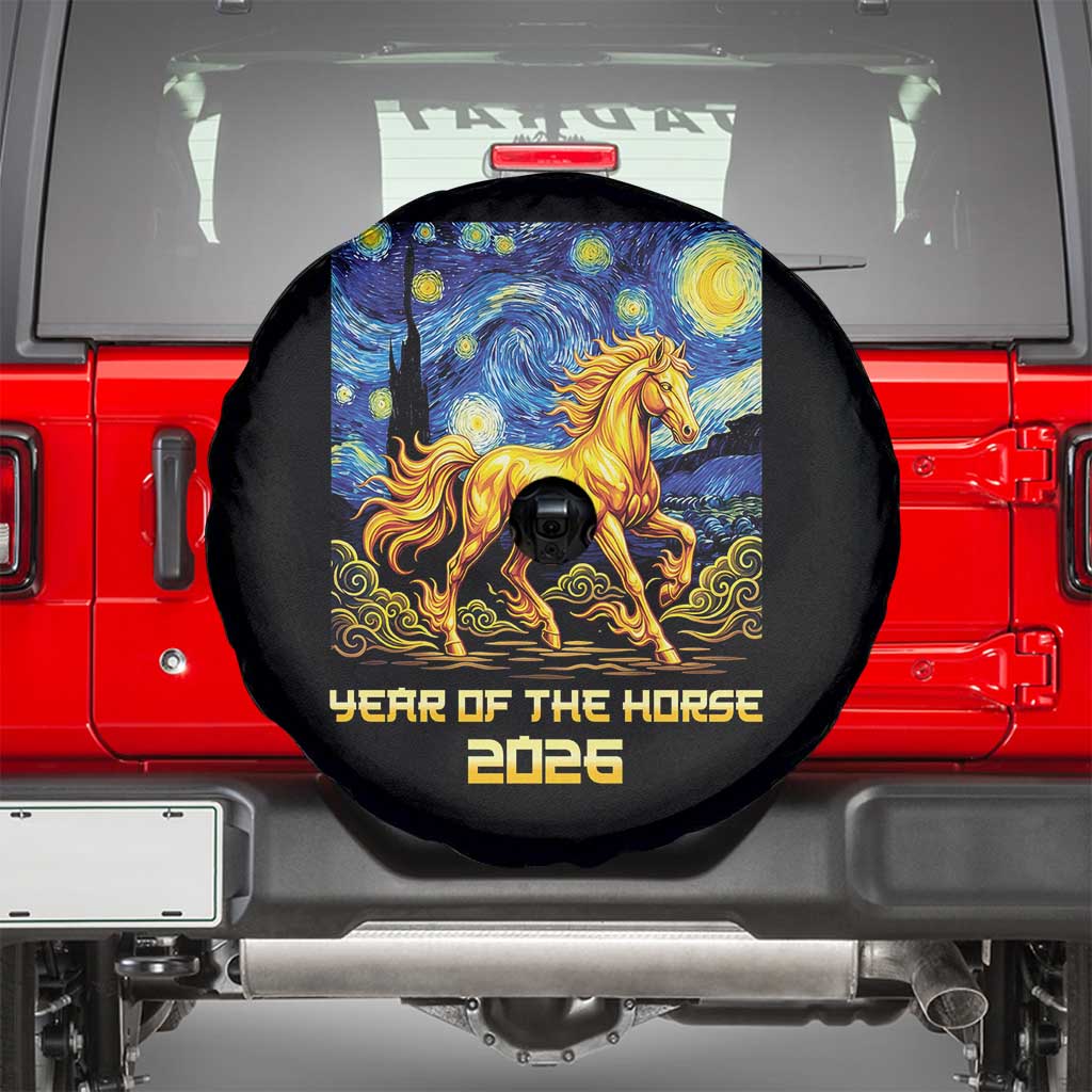 Year of the Horse Starry Night Inspired Graphic Spare Tire Cover Golden Horse Chinese Zodiac Art TS02 Black Print Your Wear