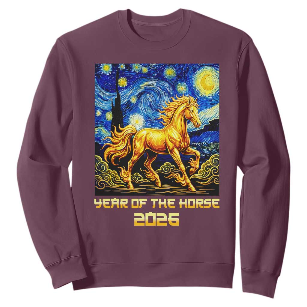 Year of the Horse Starry Night Inspired Graphic Sweatshirt Golden Horse Chinese Zodiac Art TS02 Maroon Print Your Wear