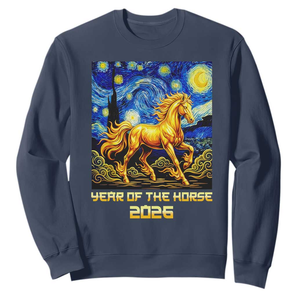 Year of the Horse Starry Night Inspired Graphic Sweatshirt Golden Horse Chinese Zodiac Art TS02 Navy Print Your Wear