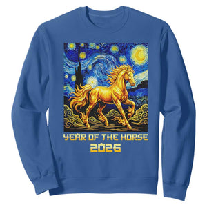 Year of the Horse Starry Night Inspired Graphic Sweatshirt Golden Horse Chinese Zodiac Art TS02 Royal Blue Print Your Wear