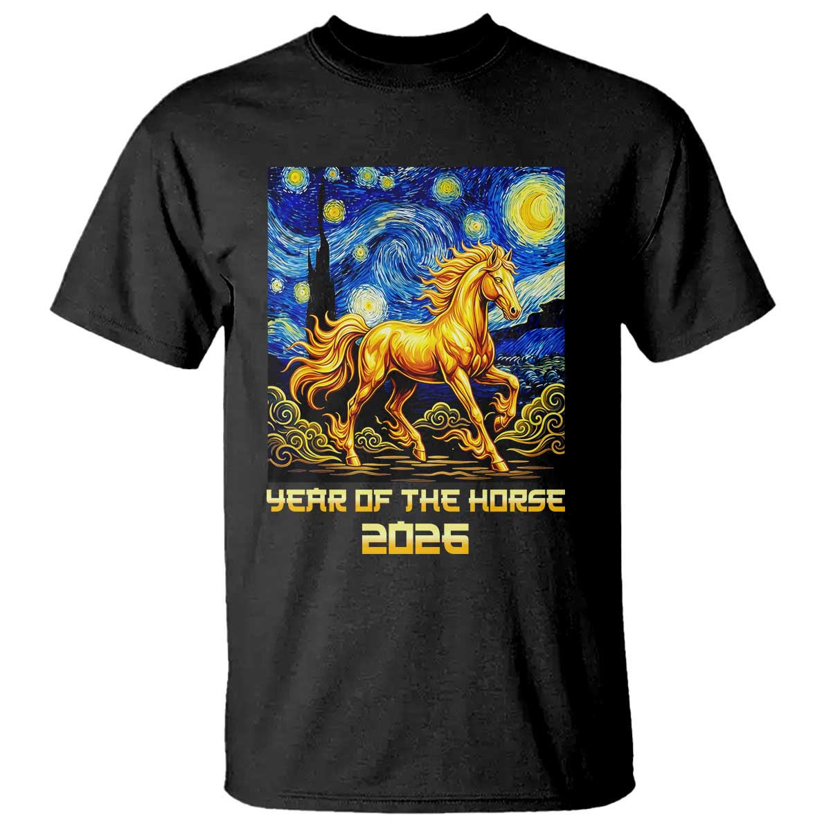 Year of the Horse Starry Night Inspired Graphic T Shirt Golden Horse Chinese Zodiac Art TS02 Black Print Your Wear