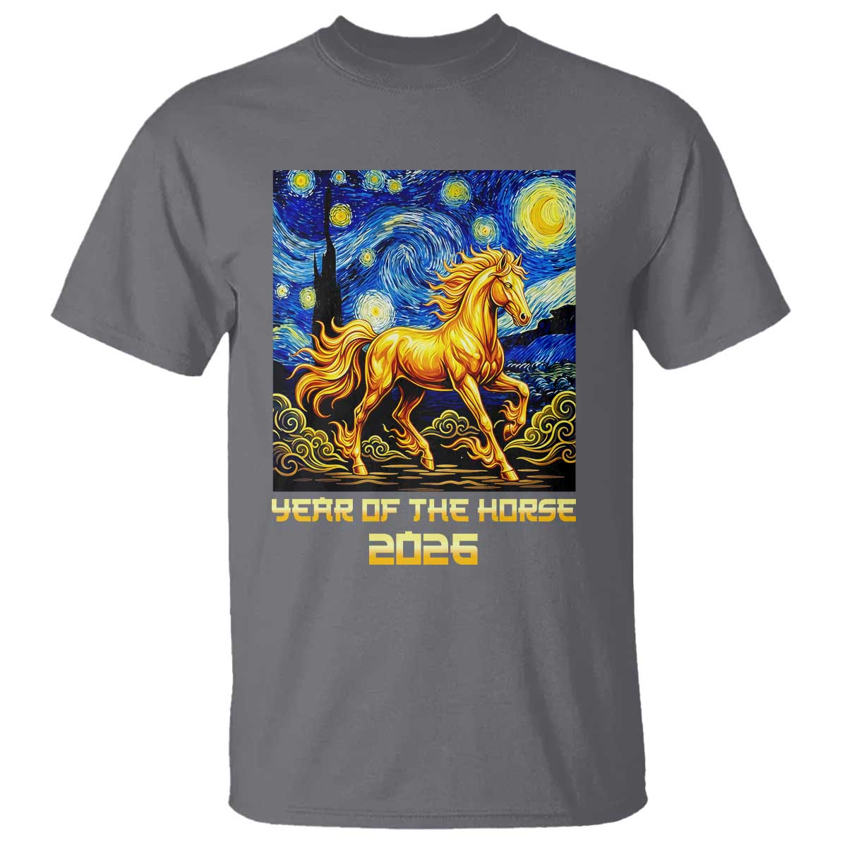 Year of the Horse Starry Night Inspired Graphic T Shirt Golden Horse Chinese Zodiac Art TS02 Charcoal Print Your Wear