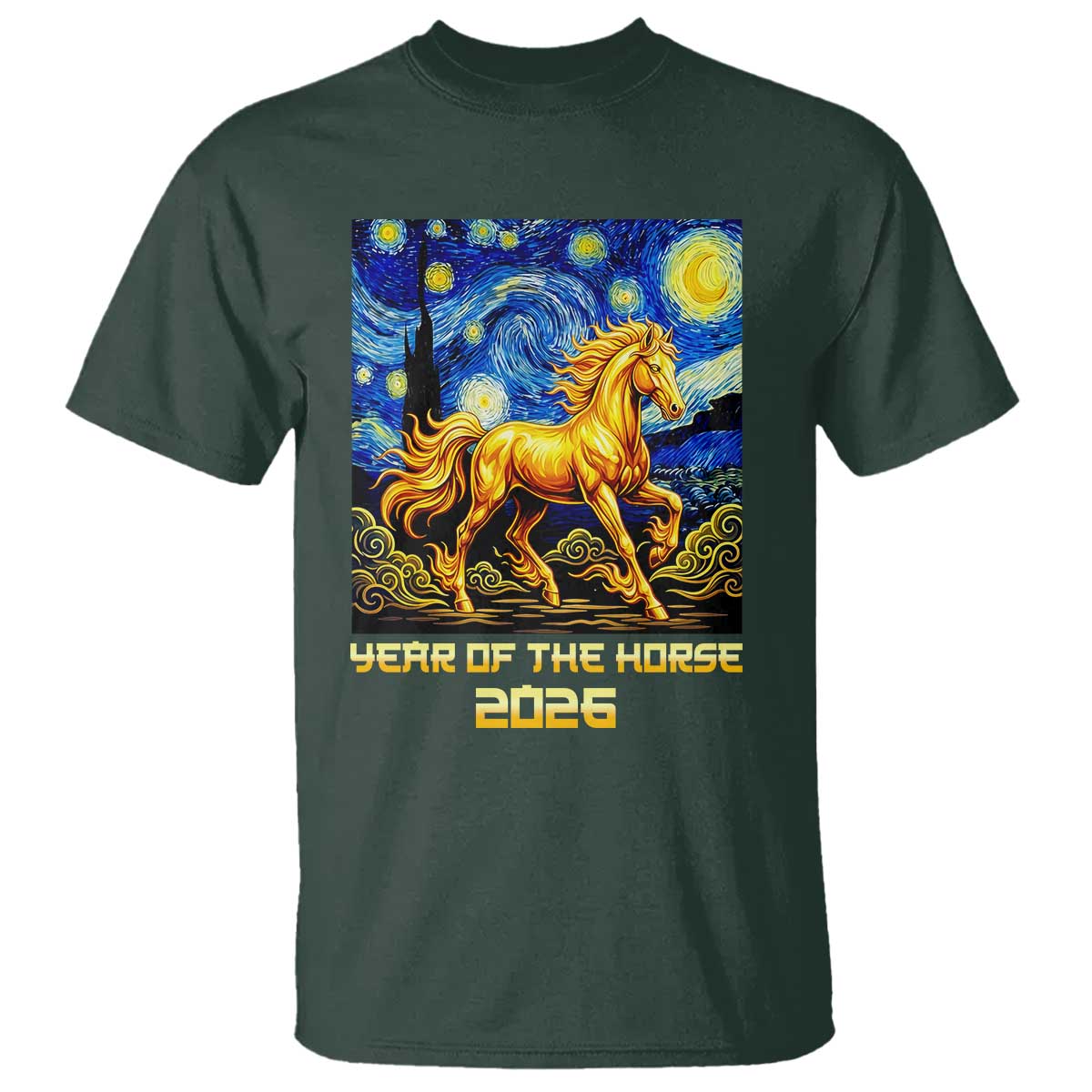 Year of the Horse Starry Night Inspired Graphic T Shirt Golden Horse Chinese Zodiac Art TS02 Dark Forest Green Print Your Wear