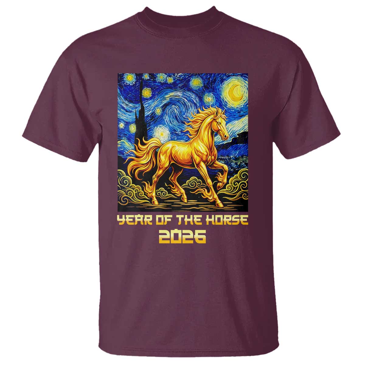 Year of the Horse Starry Night Inspired Graphic T Shirt Golden Horse Chinese Zodiac Art TS02 Maroon Print Your Wear