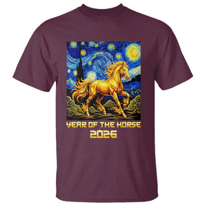 Year of the Horse Starry Night Inspired Graphic T Shirt Golden Horse Chinese Zodiac Art TS02 Maroon Print Your Wear