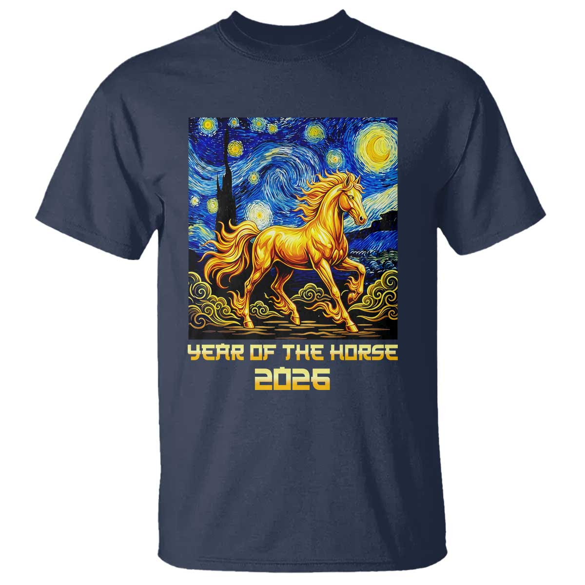 Year of the Horse Starry Night Inspired Graphic T Shirt Golden Horse Chinese Zodiac Art TS02 Navy Print Your Wear