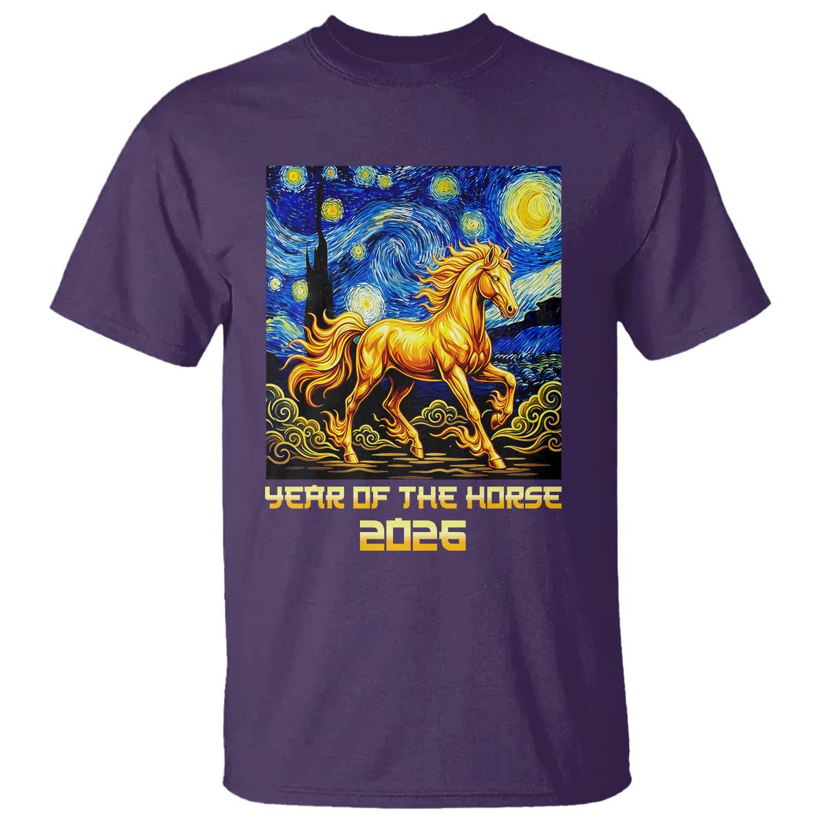 Year of the Horse Starry Night Inspired Graphic T Shirt Golden Horse Chinese Zodiac Art TS02 Purple Print Your Wear