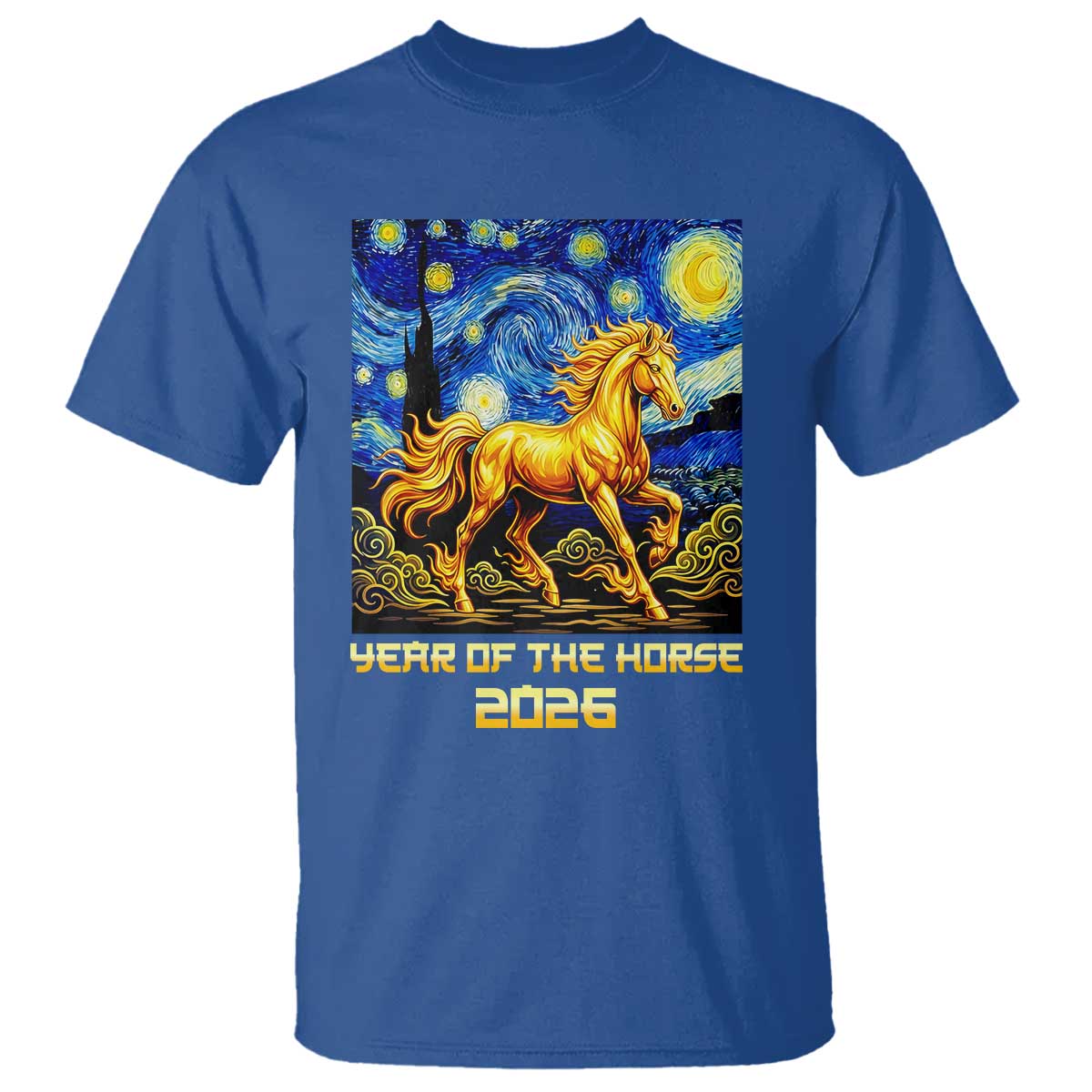 Year of the Horse Starry Night Inspired Graphic T Shirt Golden Horse Chinese Zodiac Art TS02 Royal Blue Print Your Wear