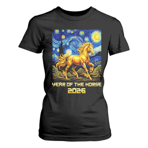 Year of the Horse Starry Night Inspired Graphic T Shirt For Women Golden Horse Chinese Zodiac Art TS02 Black Print Your Wear