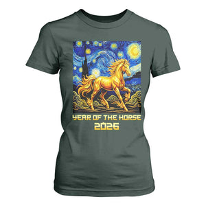 Year of the Horse Starry Night Inspired Graphic T Shirt For Women Golden Horse Chinese Zodiac Art TS02 Dark Forest Green Print Your Wear