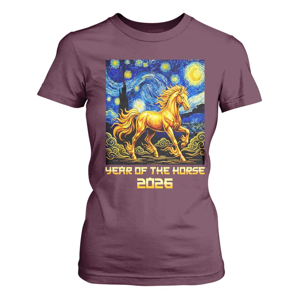 Year of the Horse Starry Night Inspired Graphic T Shirt For Women Golden Horse Chinese Zodiac Art TS02 Maroon Print Your Wear