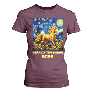 Year of the Horse Starry Night Inspired Graphic T Shirt For Women Golden Horse Chinese Zodiac Art TS02 Maroon Print Your Wear