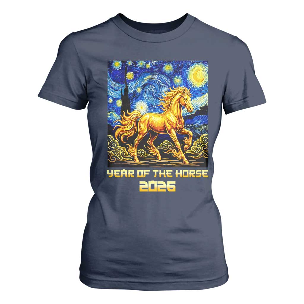 Year of the Horse Starry Night Inspired Graphic T Shirt For Women Golden Horse Chinese Zodiac Art TS02 Navy Print Your Wear