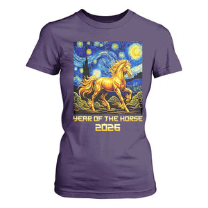 Year of the Horse Starry Night Inspired Graphic T Shirt For Women Golden Horse Chinese Zodiac Art TS02 Purple Print Your Wear