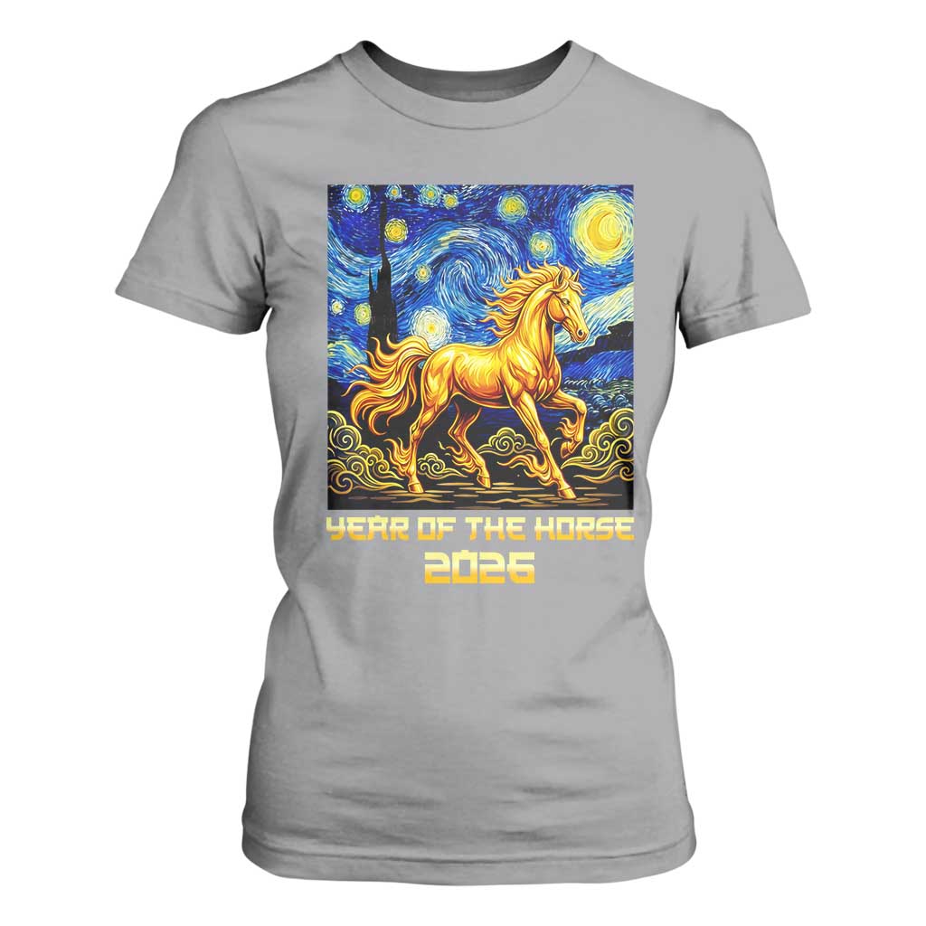 Year of the Horse Starry Night Inspired Graphic T Shirt For Women Golden Horse Chinese Zodiac Art TS02 Sport Gray Print Your Wear