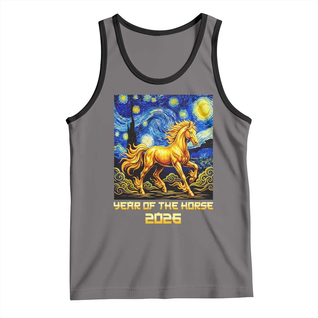 Year of the Horse Starry Night Inspired Graphic Tank Top Golden Horse Chinese Zodiac Art TS02 Deep Heather Black Print Your Wear