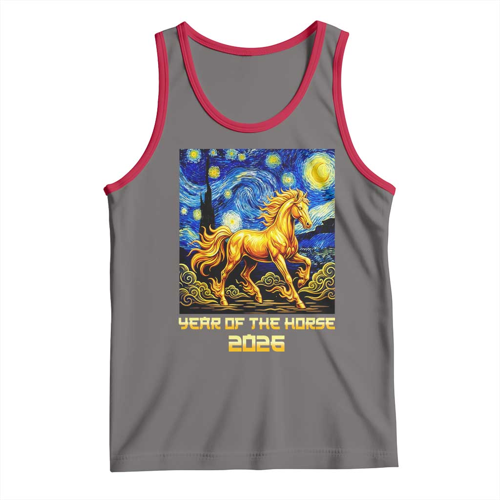 Year of the Horse Starry Night Inspired Graphic Tank Top Golden Horse Chinese Zodiac Art TS02 Deep Heather Red Print Your Wear