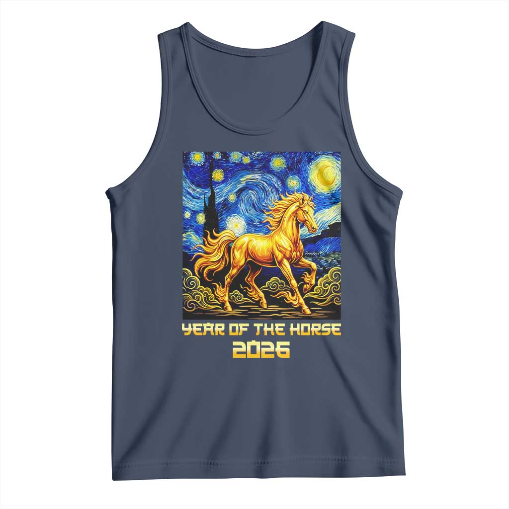 Year of the Horse Starry Night Inspired Graphic Tank Top Golden Horse Chinese Zodiac Art TS02 Navy Print Your Wear