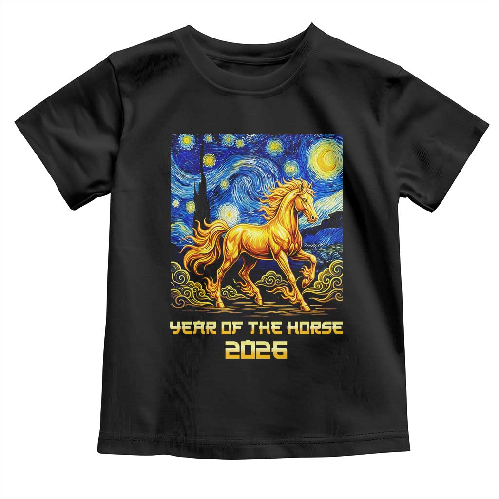 Year of the Horse Starry Night Inspired Graphic Toddler T Shirt Golden Horse Chinese Zodiac Art TS02 Black Print Your Wear