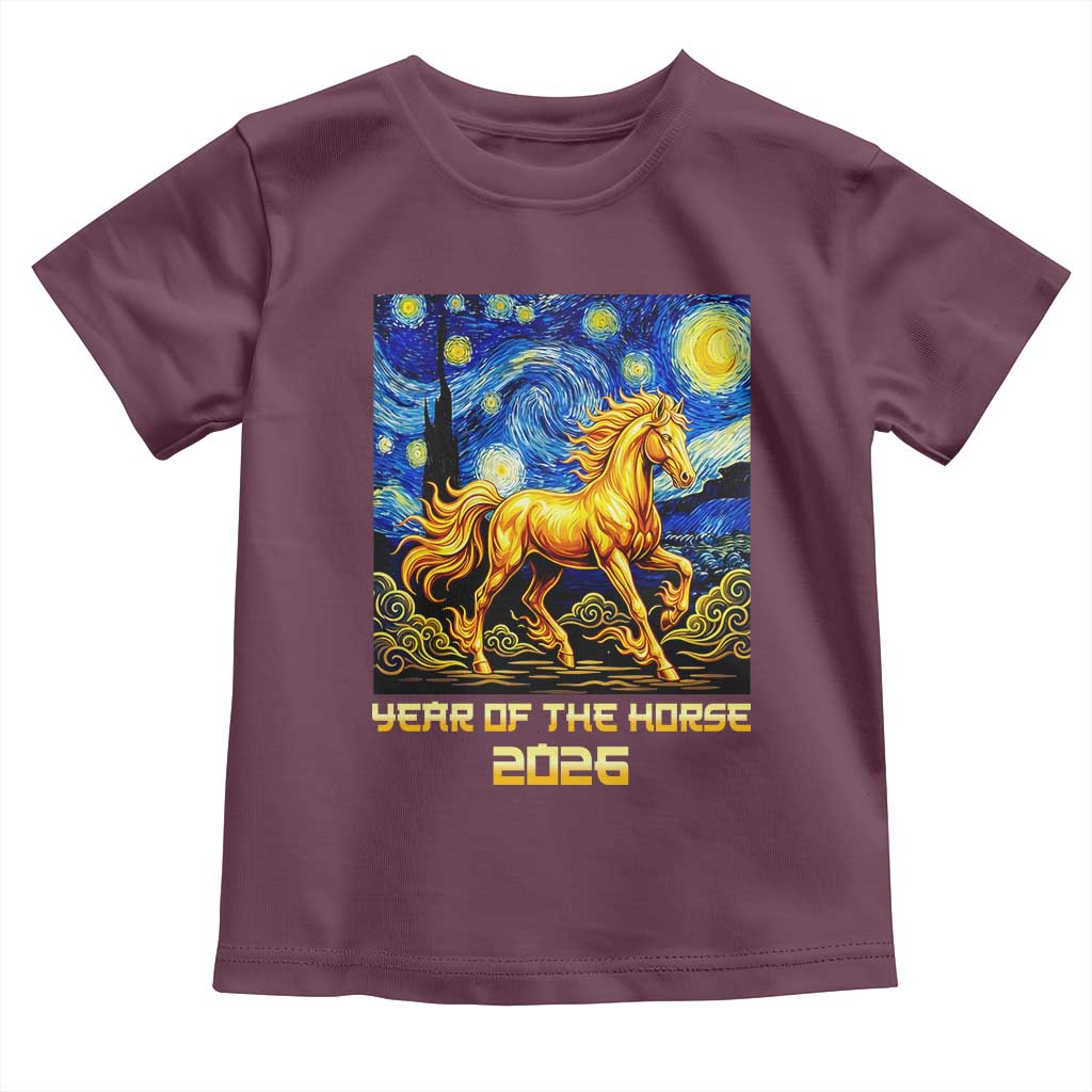Year of the Horse Starry Night Inspired Graphic Toddler T Shirt Golden Horse Chinese Zodiac Art TS02 Maroon Print Your Wear