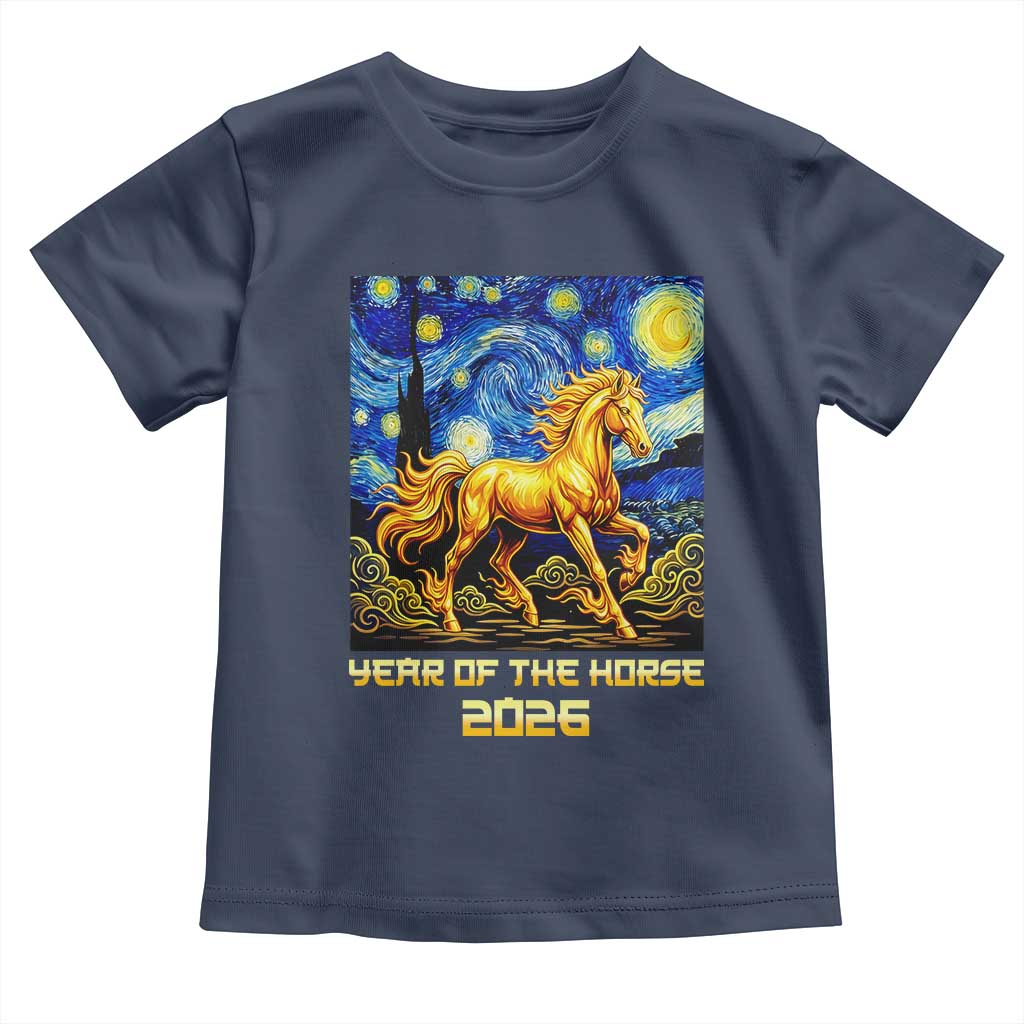 Year of the Horse Starry Night Inspired Graphic Toddler T Shirt Golden Horse Chinese Zodiac Art TS02 Navy Print Your Wear