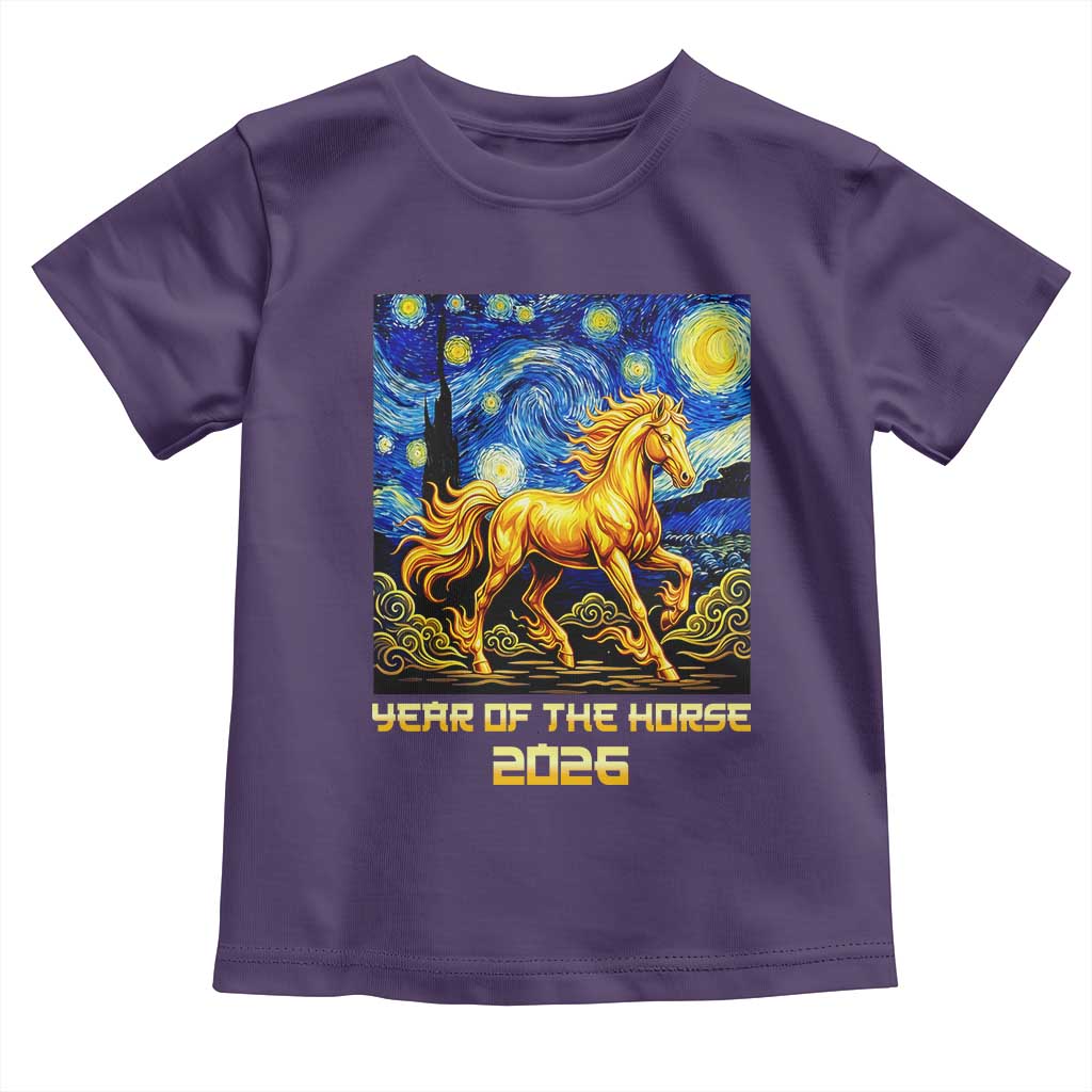 Year of the Horse Starry Night Inspired Graphic Toddler T Shirt Golden Horse Chinese Zodiac Art TS02 Purple Print Your Wear
