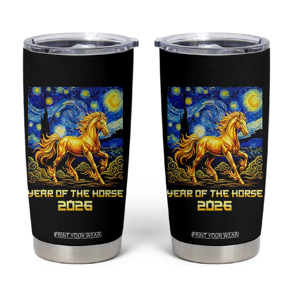 Year of the Horse Starry Night Inspired Graphic Tumbler Cup Golden Horse Chinese Zodiac Art TS02 Black Print Your Wear