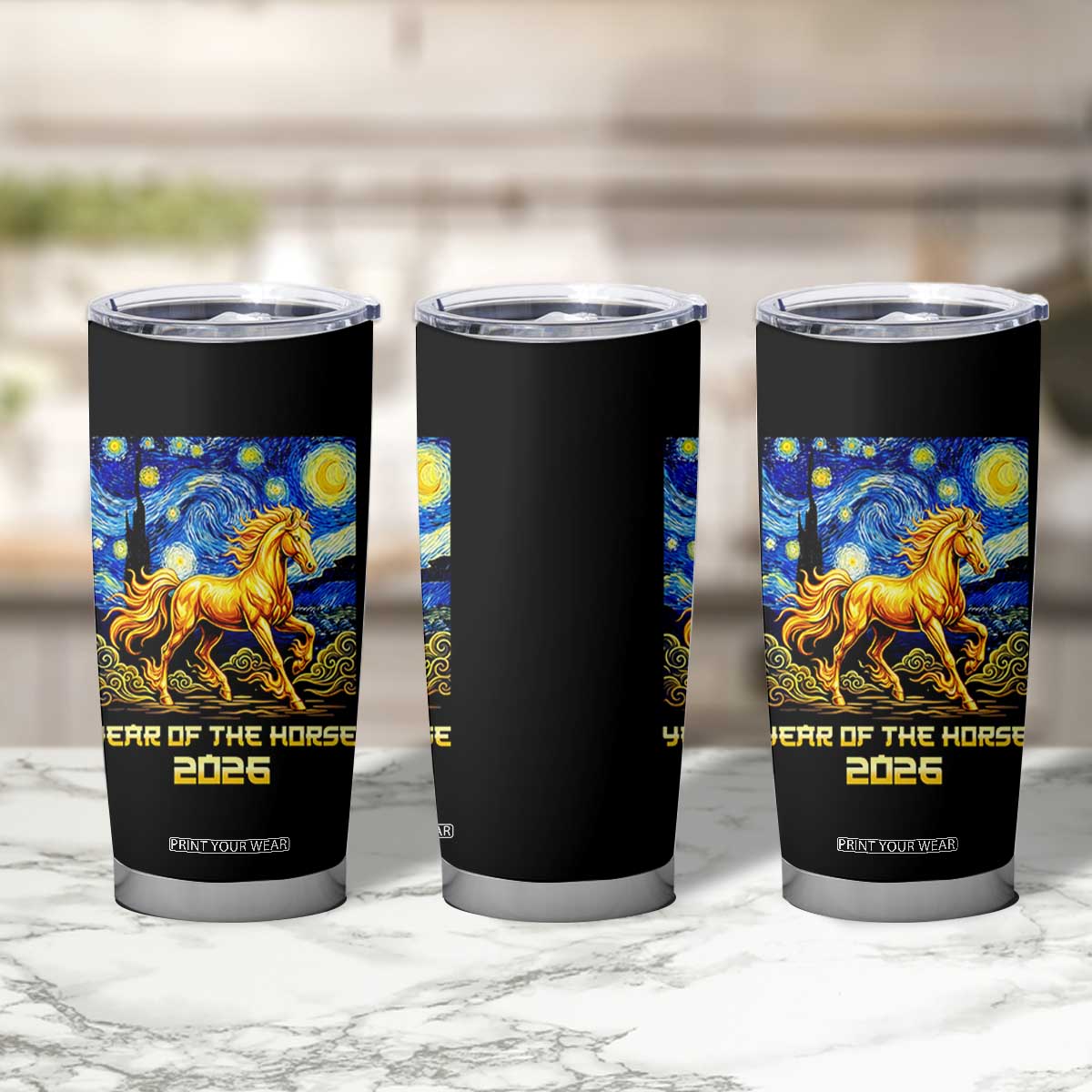 Year of the Horse Starry Night Inspired Graphic Tumbler Cup Golden Horse Chinese Zodiac Art TS02 Print Your Wear