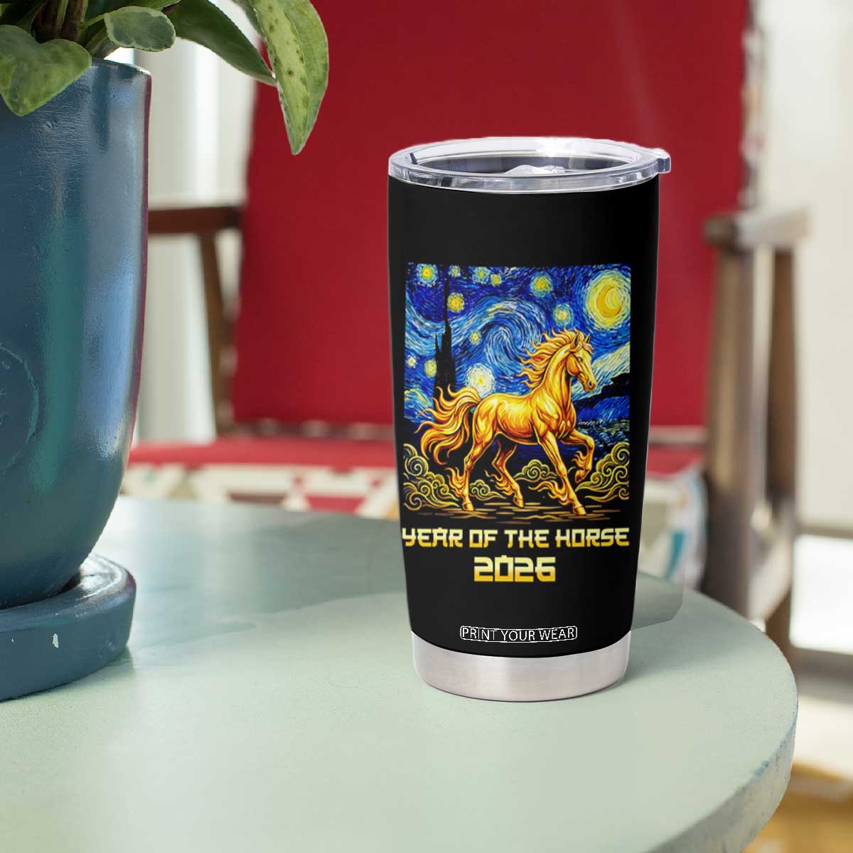 Year of the Horse Starry Night Inspired Graphic Tumbler Cup Golden Horse Chinese Zodiac Art TS02 Print Your Wear