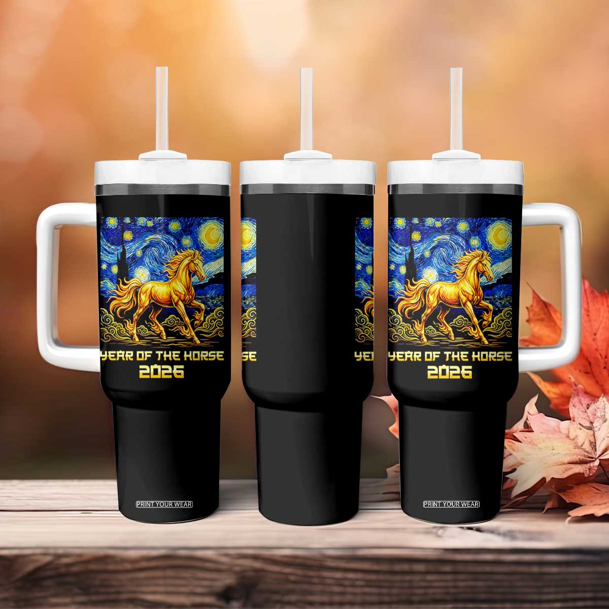 Year of the Horse Starry Night Inspired Graphic Tumbler With Handle Golden Horse Chinese Zodiac Art TS02 Print Your Wear