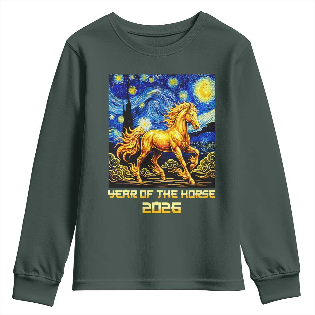 Year of the Horse Starry Night Inspired Graphic Youth Sweatshirt Golden Horse Chinese Zodiac Art TS02 Dark Forest Green Print Your Wear