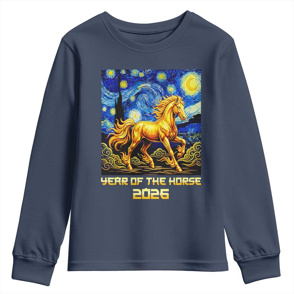 Year of the Horse Starry Night Inspired Graphic Youth Sweatshirt Golden Horse Chinese Zodiac Art TS02 Navy Print Your Wear