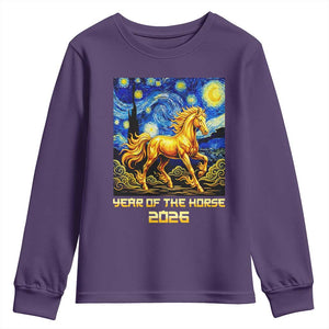 Year of the Horse Starry Night Inspired Graphic Youth Sweatshirt Golden Horse Chinese Zodiac Art TS02 Purple Print Your Wear