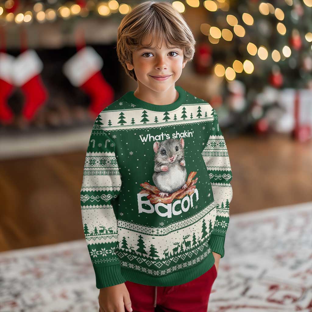 What is Shakin Bacon Funny Mouse Ugly Christmas Sweater Pun Animal Humor TS02 Forest Green Beige Print Your Wear