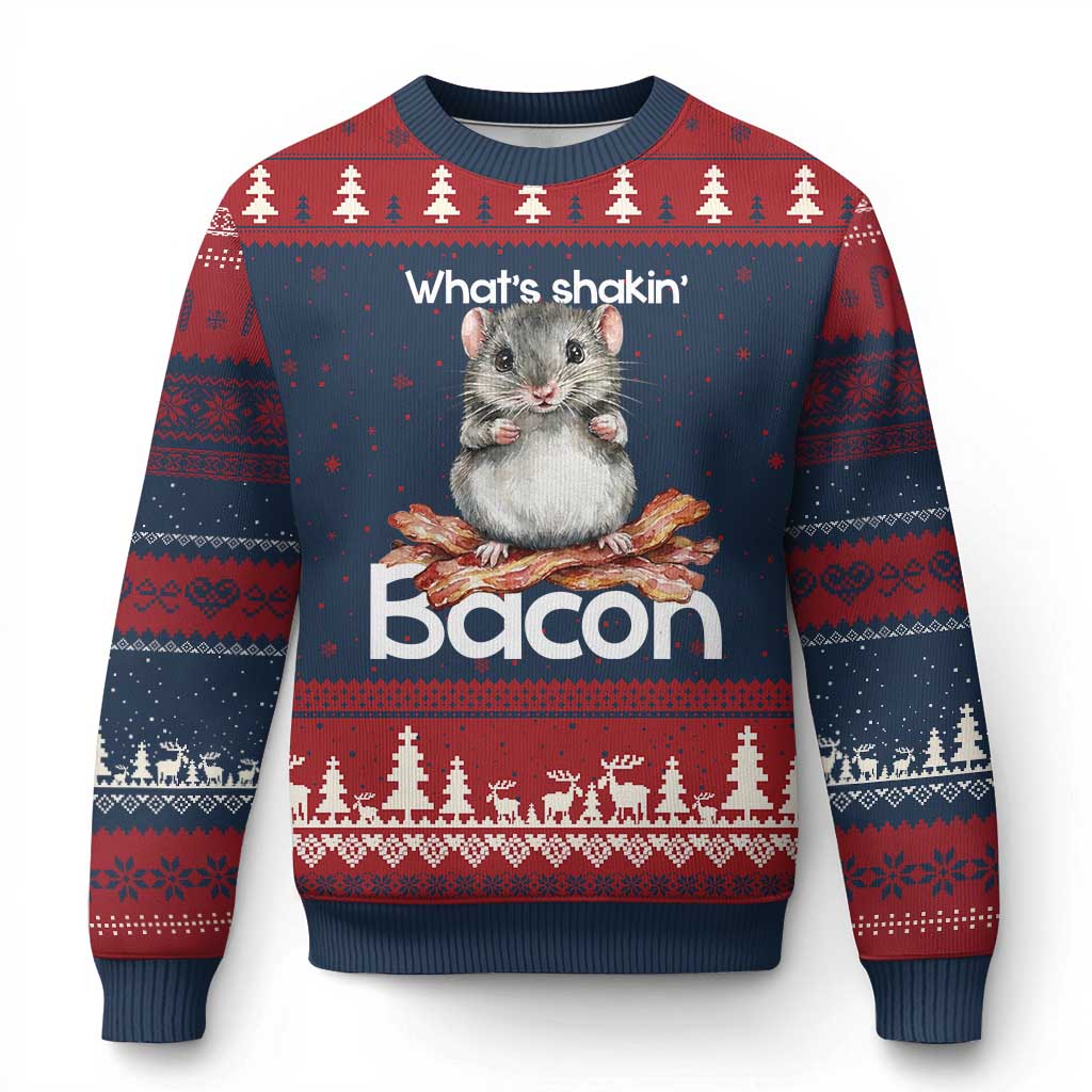 What is Shakin Bacon Funny Mouse Ugly Christmas Sweater Pun Animal Humor TS02 Navy Red Print Your Wear