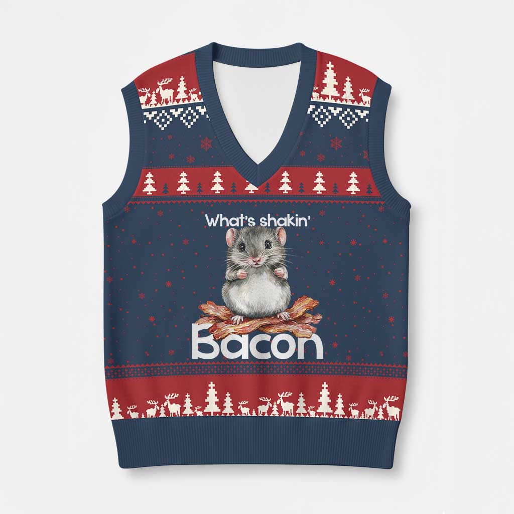 What is Shakin Bacon Funny Mouse V-Neck Knit Sweater Vest Pun Animal Humor TS02 Navy Red Print Your Wear