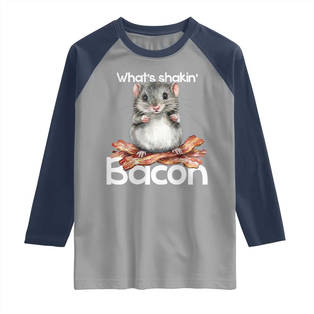 What is Shakin Bacon Funny Mouse Raglan Shirt Pun Animal Humor TS02 Sport Gray Navy Print Your Wear